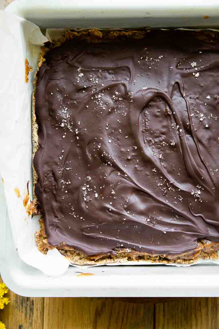 Chocolate over date layer for twix bars.