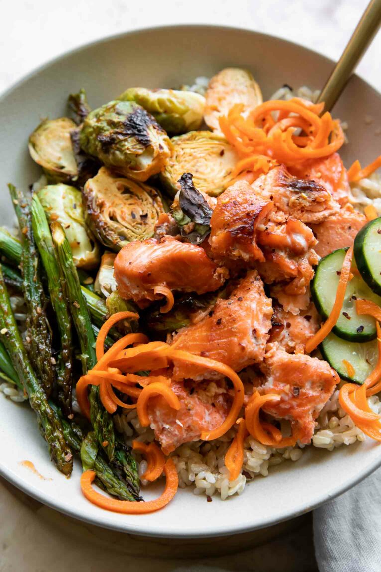 Angled photo of Hot Honey Salmon Bowl recipe.