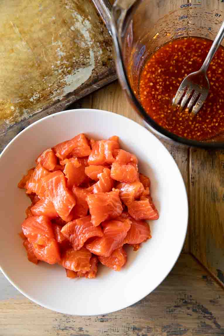 Salmon, hot honey sauce, and a sheet pan.