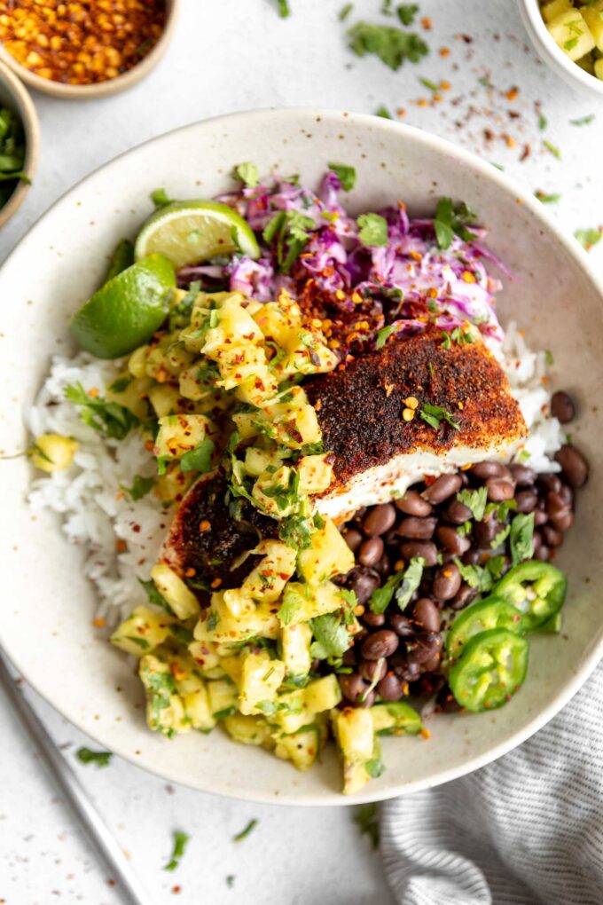 Top photo of Mahi-Mahi Fish Taco Bowls recipe.