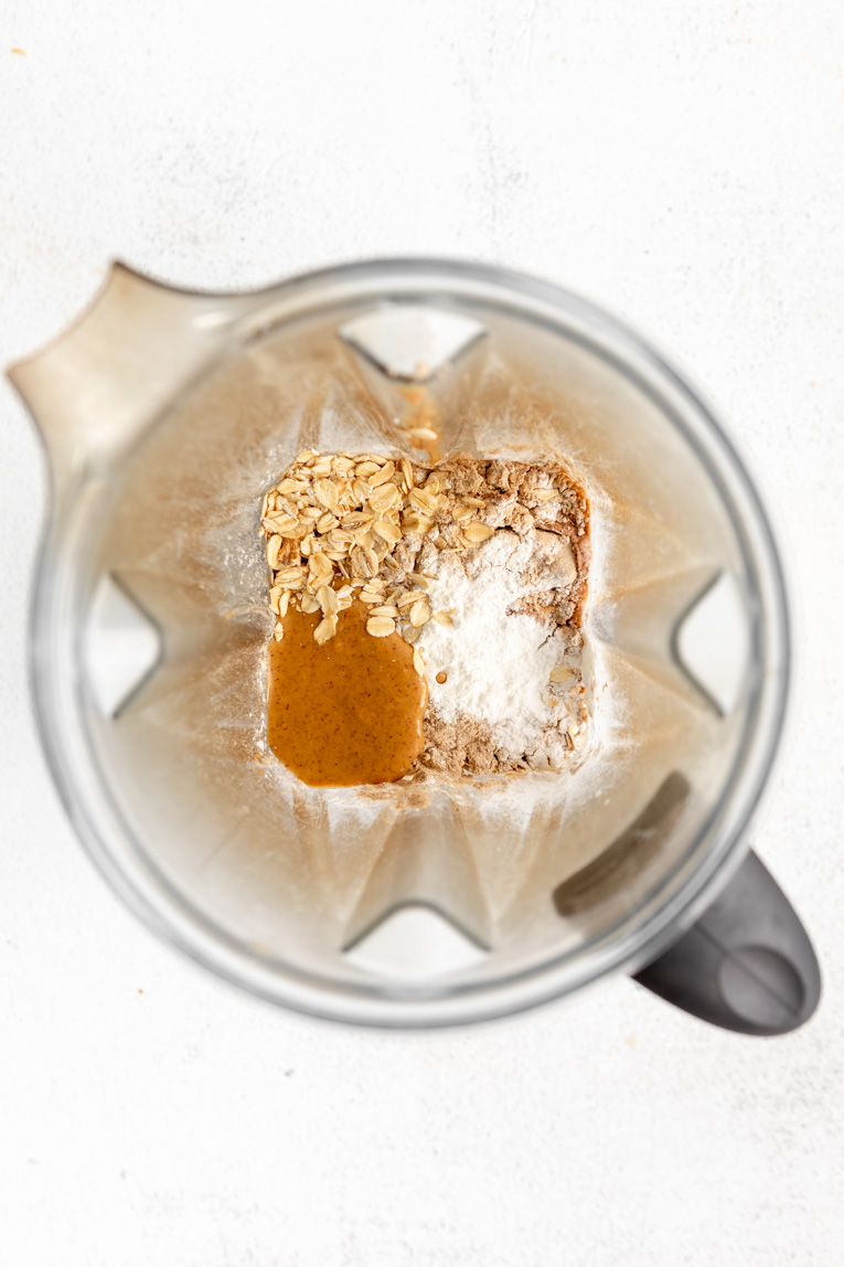 Peanut butter pancakes ingredients in a blender.