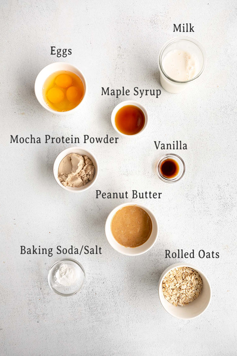 Ingredients for Mocha Protein Peanut Butter Pancakes recipe.