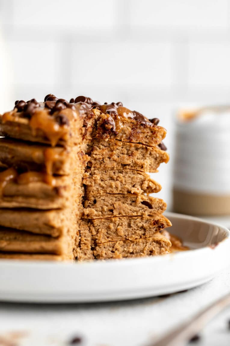 Mocha Protein Peanut Butter Pancakes with a bite taken out.