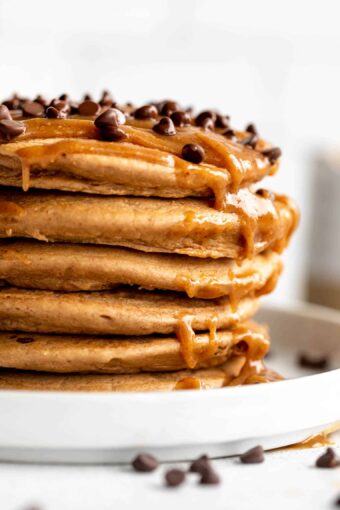 Close up of Mocha Protein Peanut Butter Pancakes.