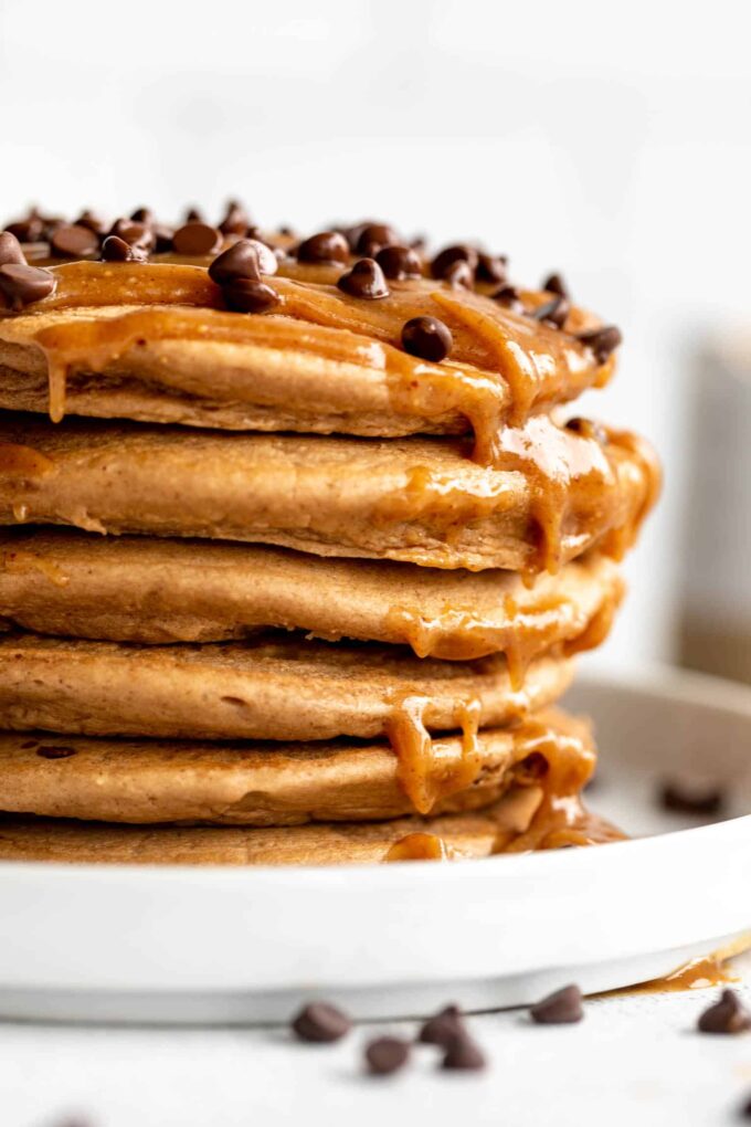 Close up of Mocha Protein Peanut Butter Pancakes.