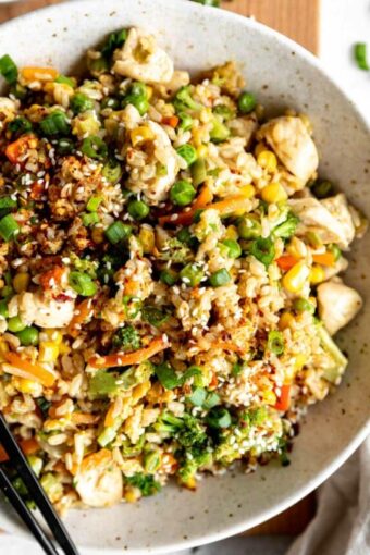 Easy 30-Minute Chicken Fried Rice recipe in a bowl.