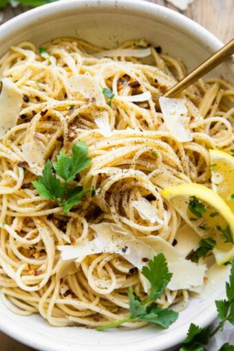 Close up of Lemon Garlic Pasta.