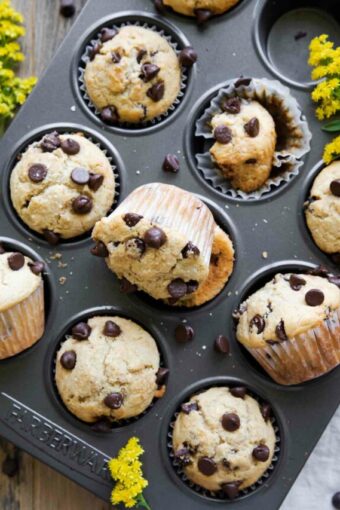 Healthy Chocolate Chip Muffins in a cupcake tin.