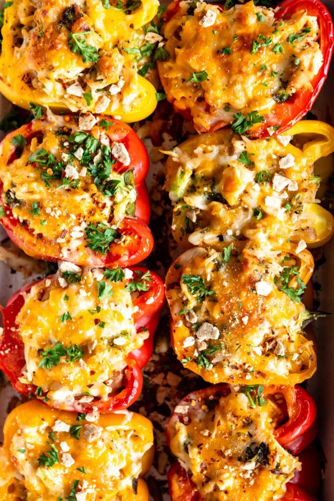 Top shot photo of Chicken & Rice Stuffed Peppers in a baking dish.