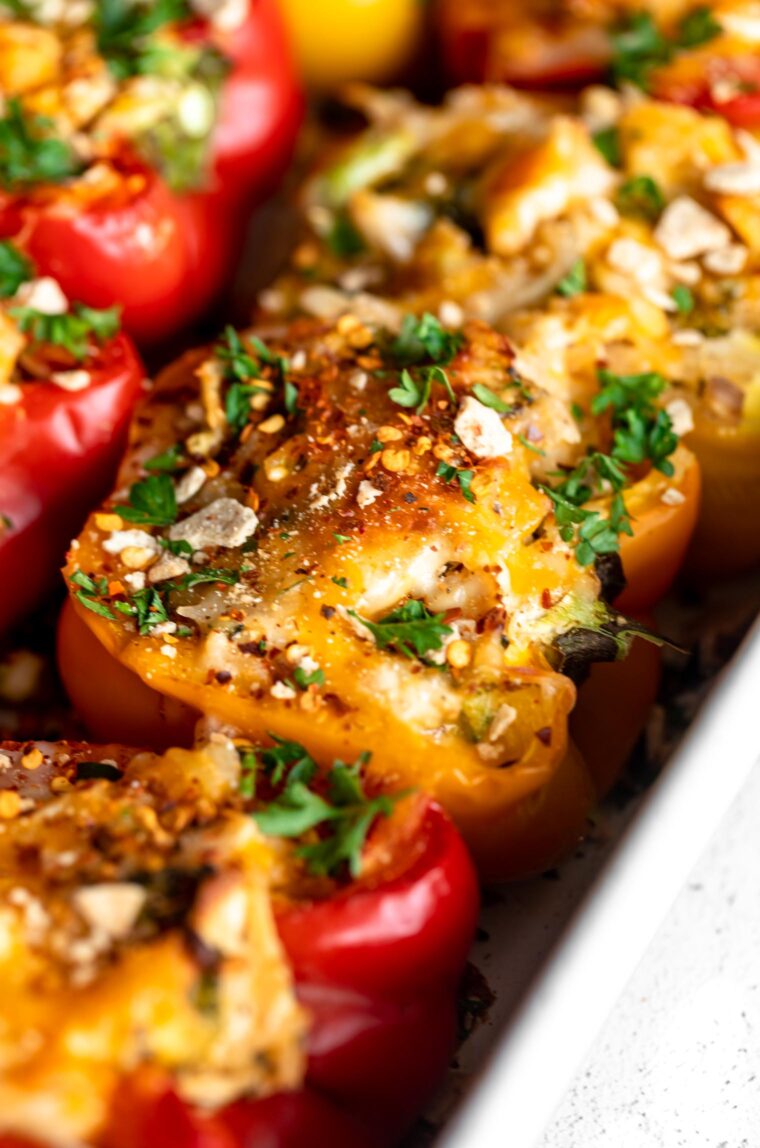Angled photo of Chicken & Rice Stuffed Peppers recipe.