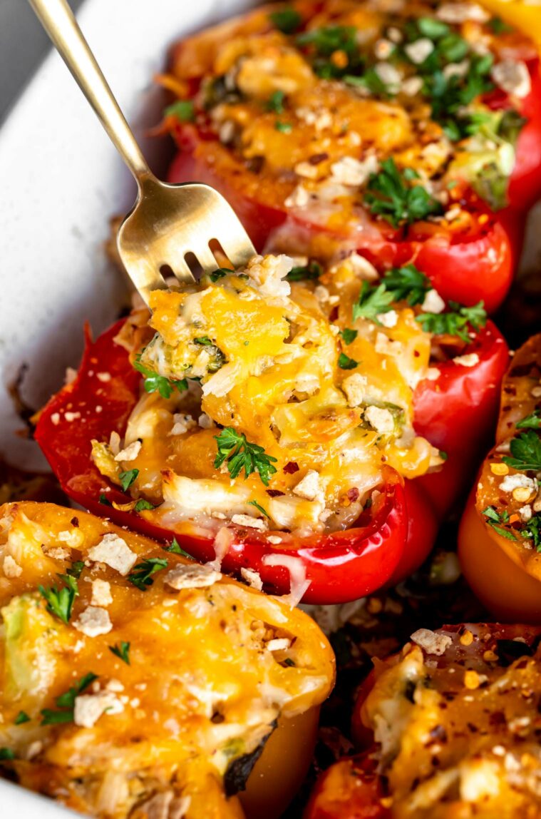 Chicken & Rice Stuffed Peppers with a fork.
