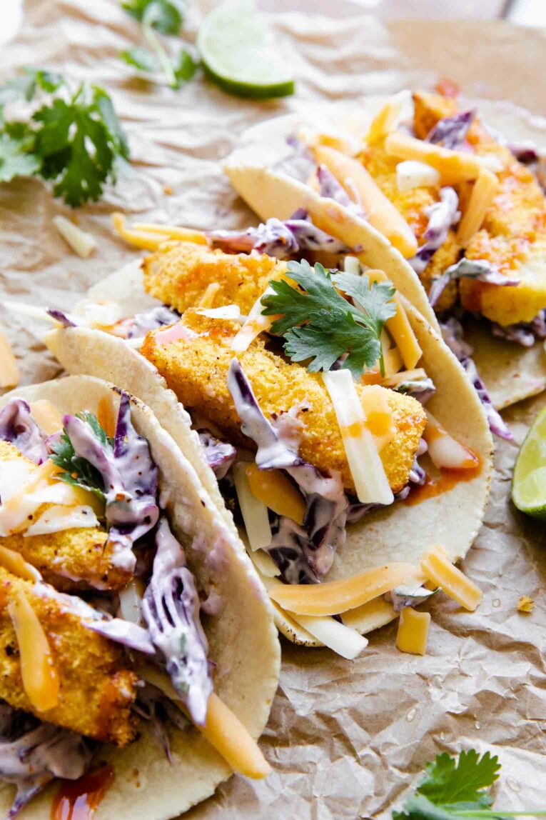 Angled photo of Crispy Air Fryer Fish Tacos.