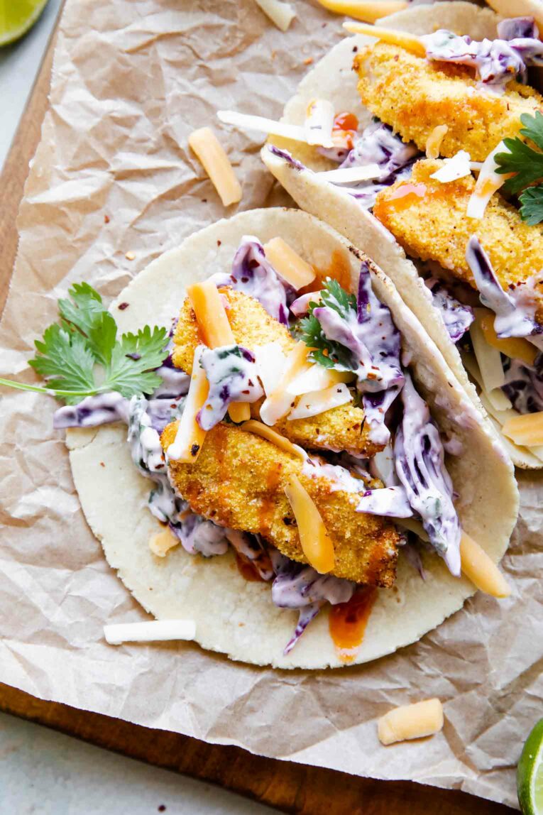 Close up of fish taco breaded with cornmeal.
