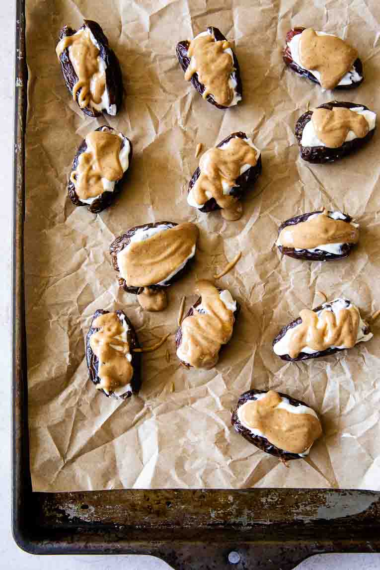 Dates stuffed with yogurt and peanut butter.