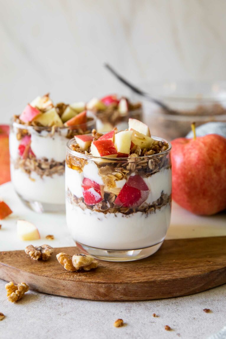 Angled photo of Healthy Apple Crumble Parfaits.