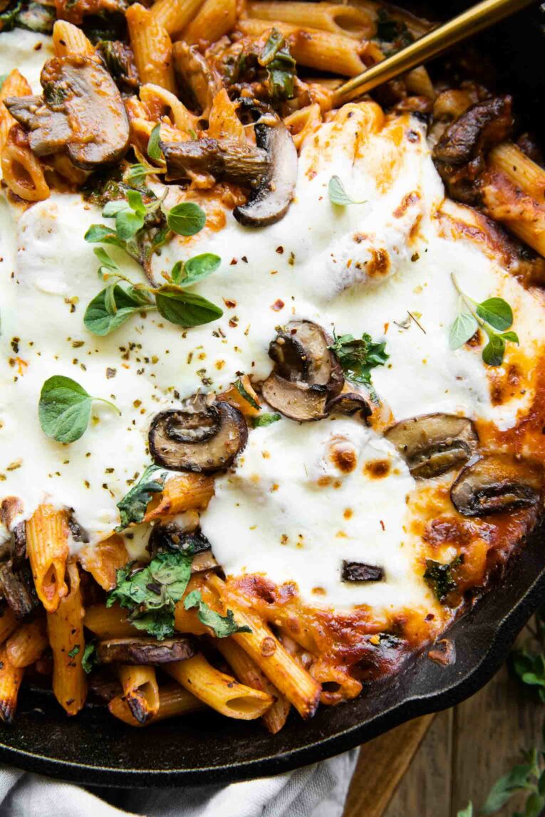 Close up of Mushroom & Spinach Pasta Bake recipe.