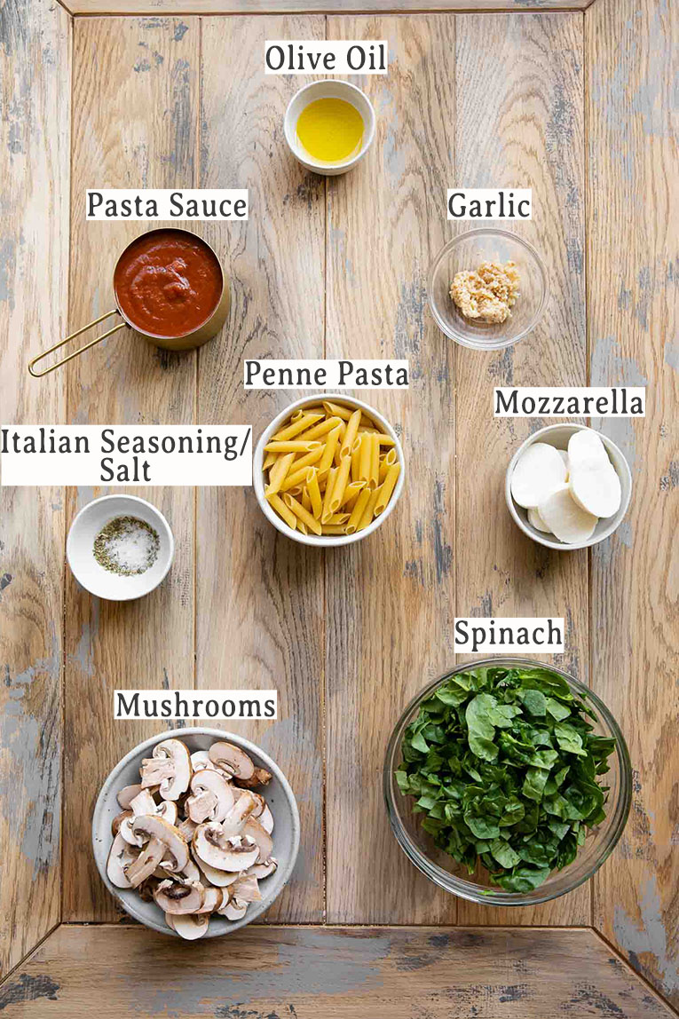 Ingredients for Mushroom Spinach Pasta Bake recipe.