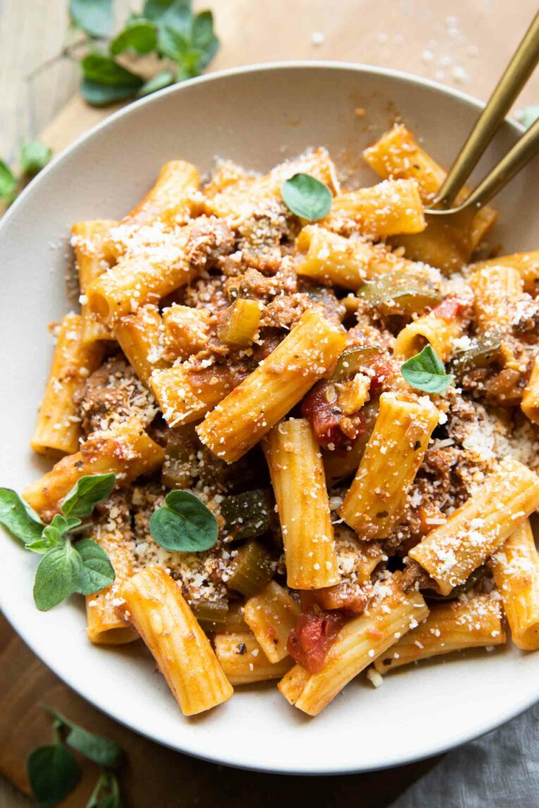 Angled photo of Rigatoni Bolognese recipe.