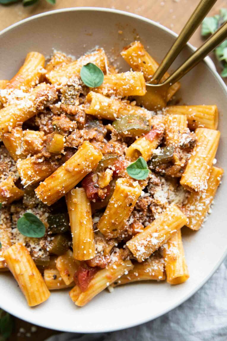 Close up of one-pot Rigatoni Bolognese.