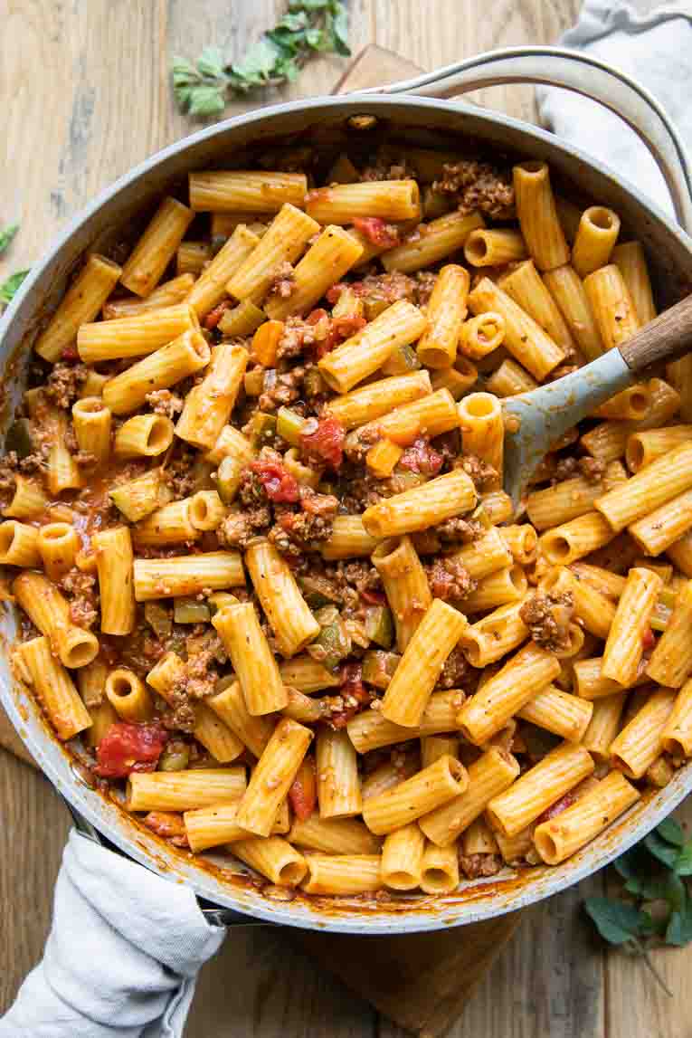 Rigatoni Bolognese recipe in one-pot large saucepan.