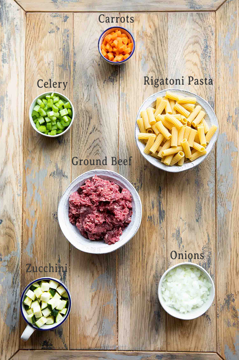 Ingredients for Rigatoni Bolognese made with ground beef recipe.