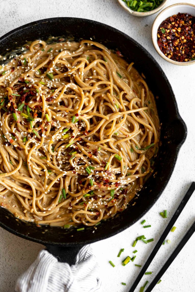 Sesame Tahini Noodles cooked in a pan.