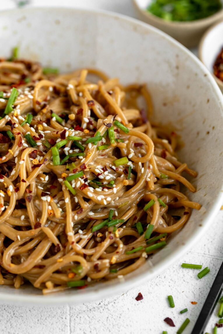 Angled photo of Sesame Tahini Noodles.
