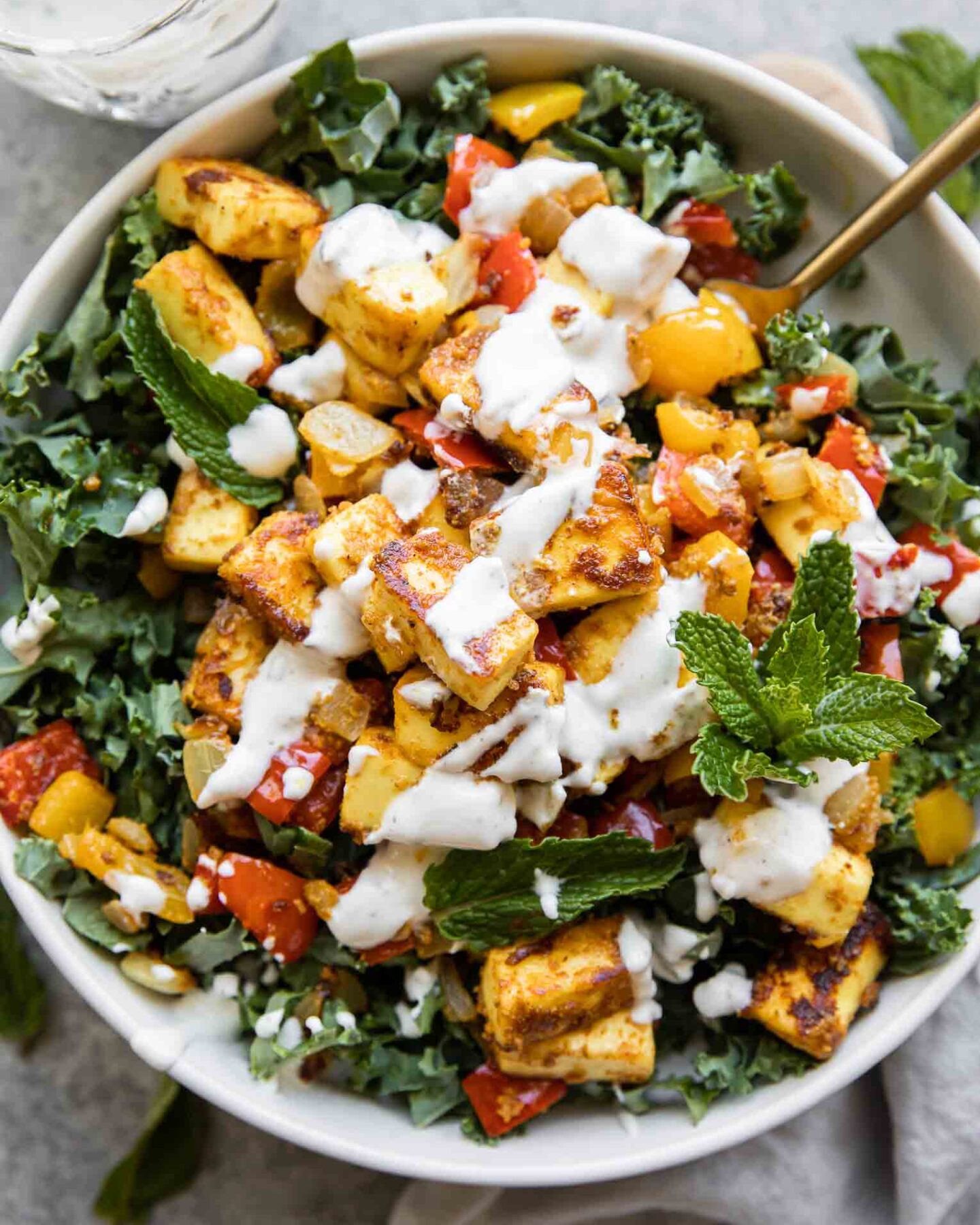 Tandoori Paneer Salad with a fork.