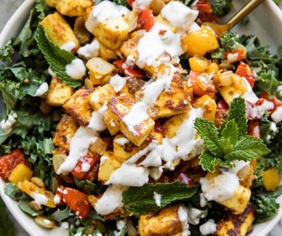 Tandoori Paneer Salad with a fork.