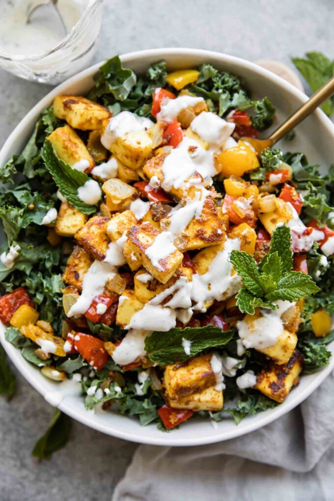 Tandoori Paneer Salad with a fork.