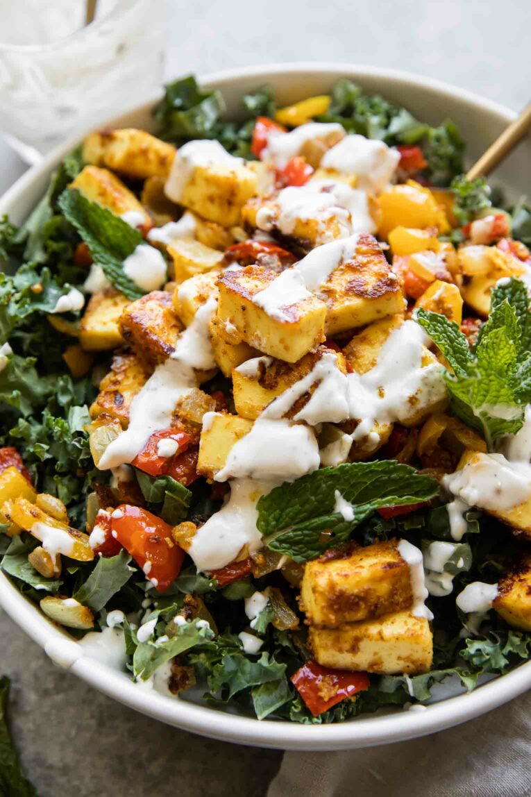 Tandoori Paneer over chopped kale.