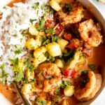 Close up of Thai-Inspired Coconut Curry Shrimp with rice.