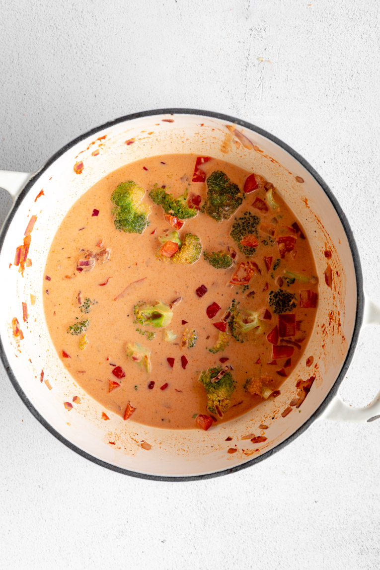 Red curry paste with veggies and shrimp in coconut milk and seasoning.