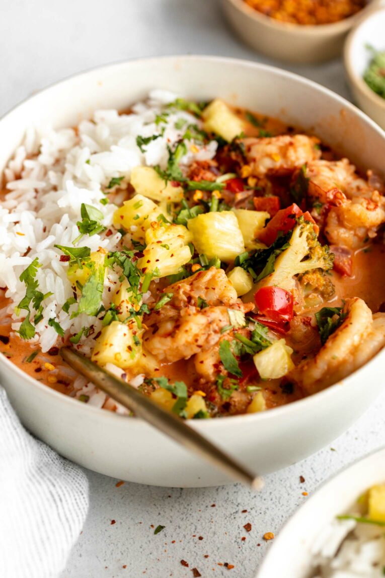 Angled photo of Thai-Inspired Coconut Curry Shrimp.