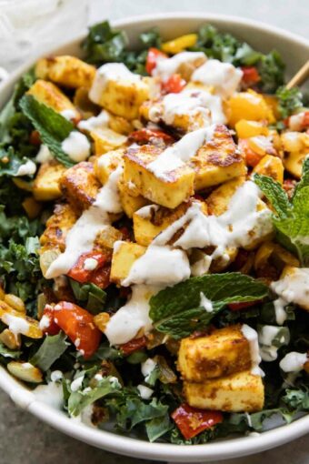 Tandoori Paneer over chopped kale.
