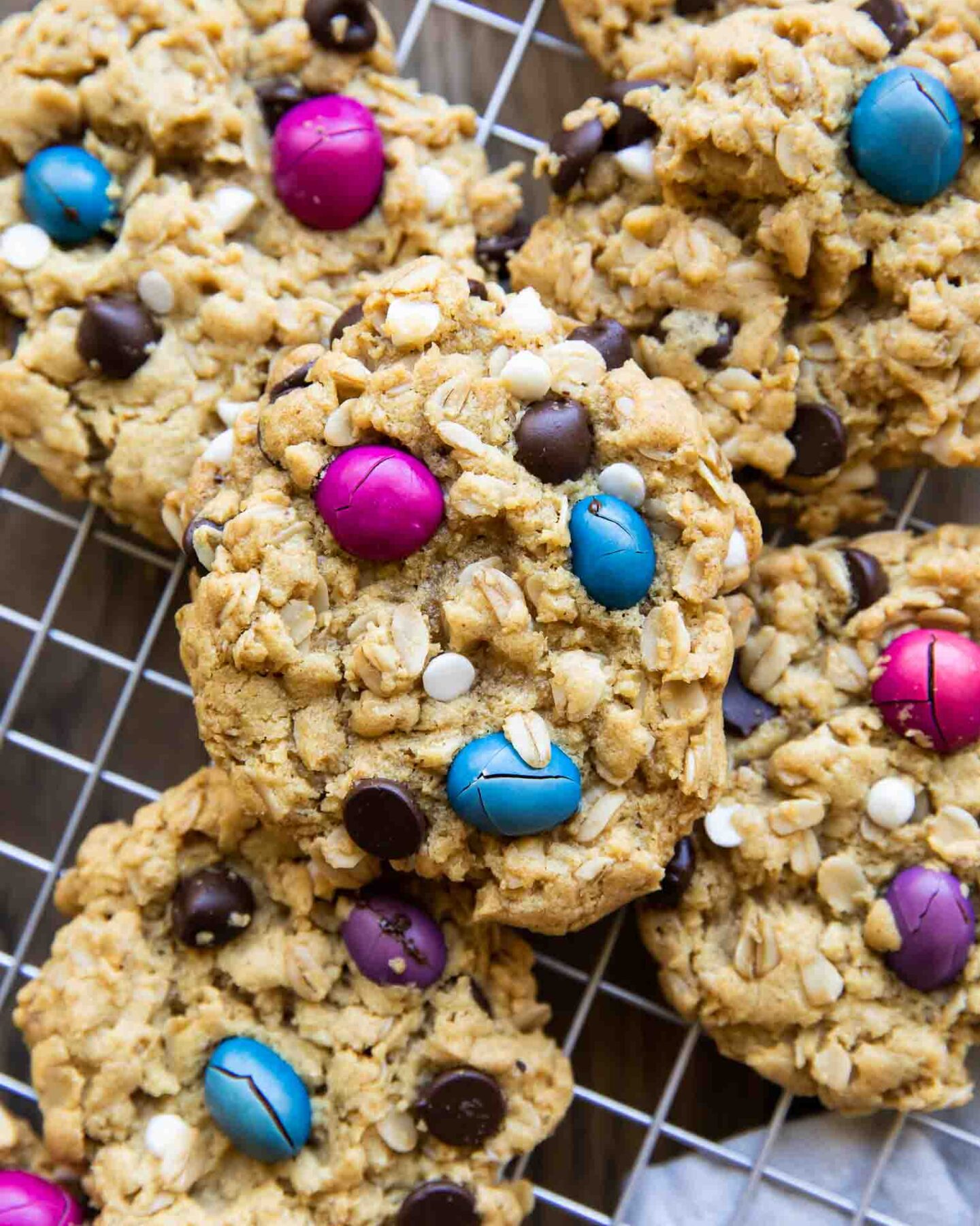 Gluten-Free Monster Cookies on a wire rack.