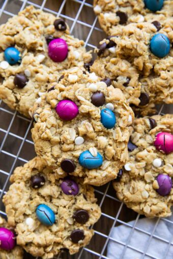 Gluten-Free Monster Cookies on a wire rack.