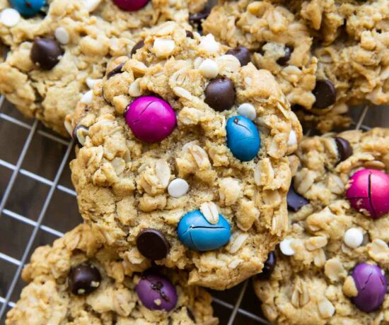 Gluten-Free Monster Cookies on a wire rack.