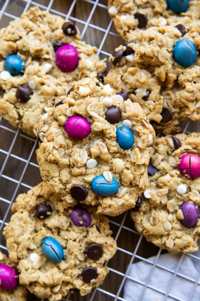 Gluten-Free Monster Cookies on a wire rack.