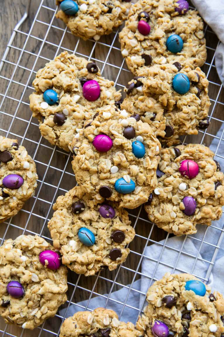 Batch of Gluten-Free Monster Cookies that are dairy-free and vegan.