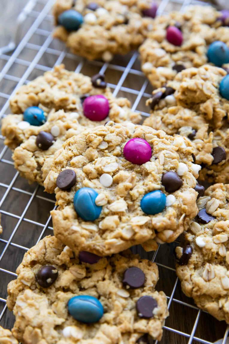 Angled photo of Gluten-Free Monster Cookies.