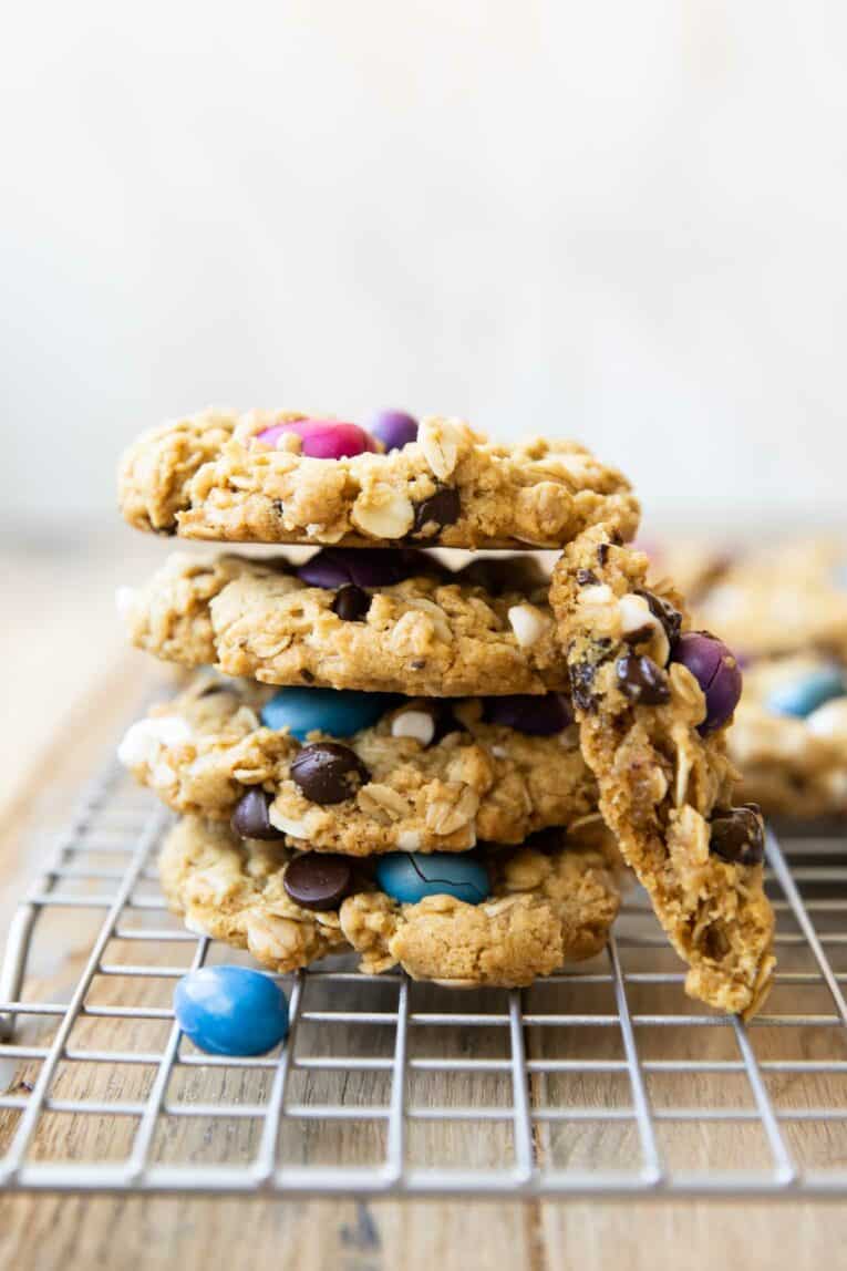 Stack of Gluten-Free Monster Cookies with M&M's.