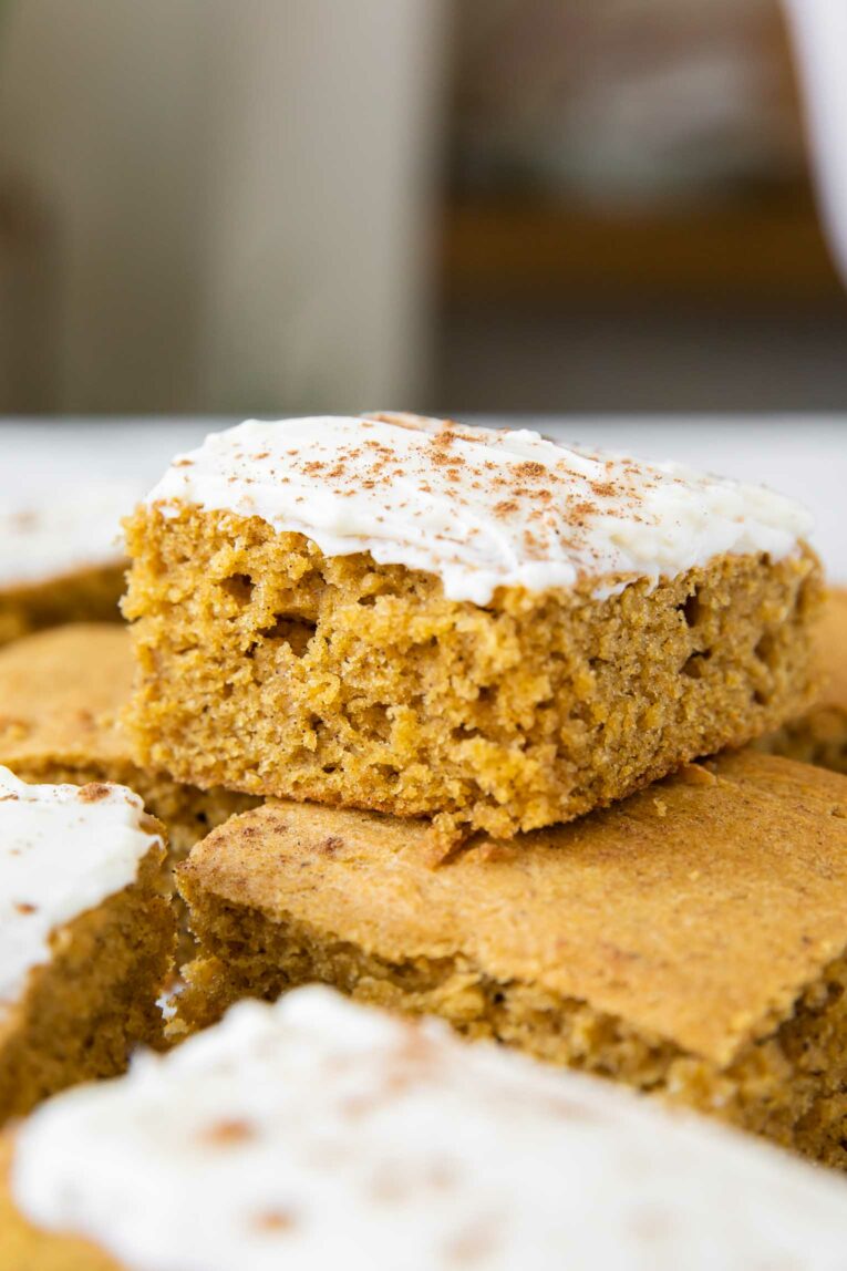 Close up of Gluten-Free Pumpkin Cake Bar recipe.