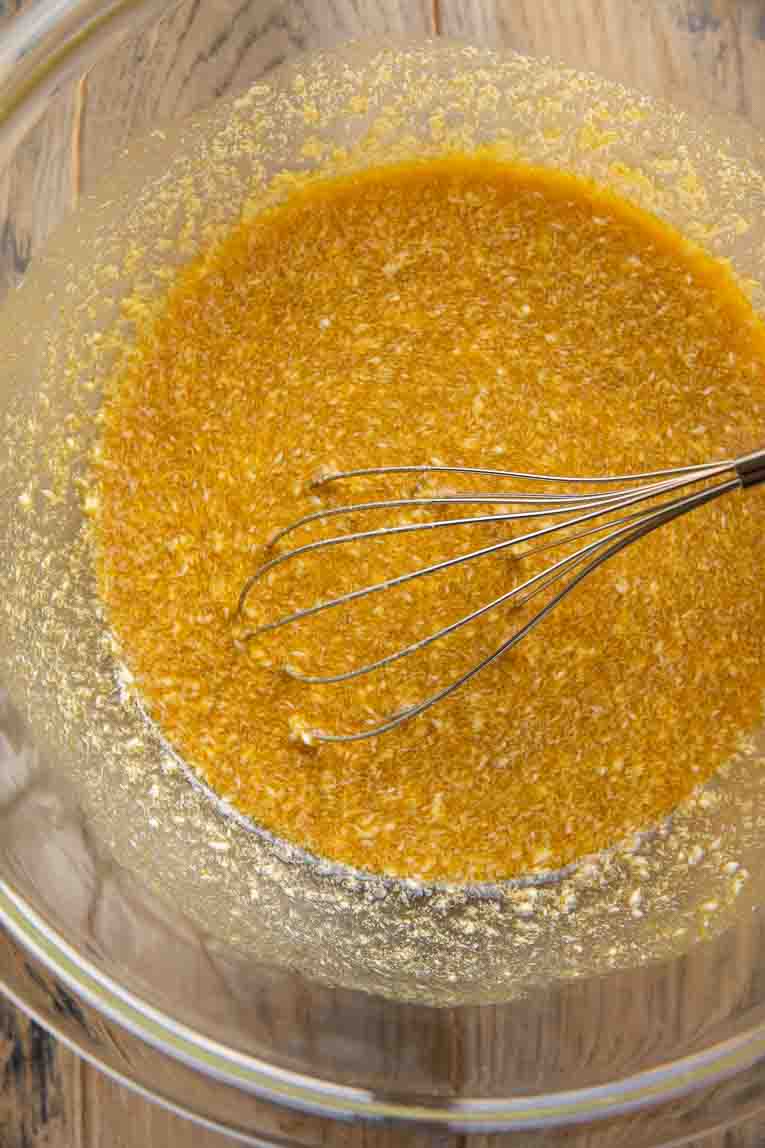 Liquid ingredients in a mixing bowl.