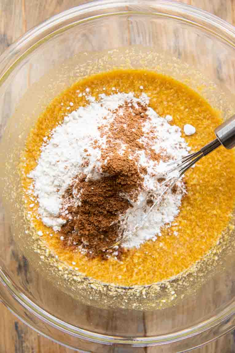 Dry ingredients for pumpkin bars in a bowl