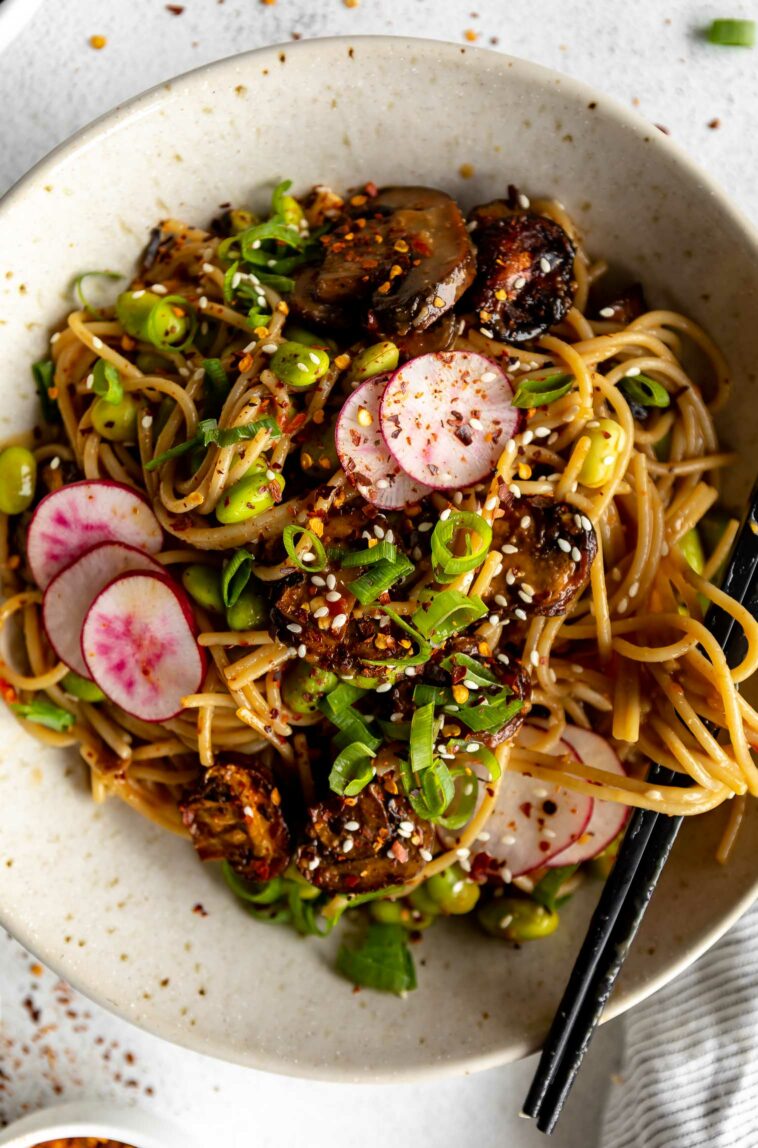 Top shot photo of Miso Noodle Bowls with Roasted Mushrooms recipe in a bowl.