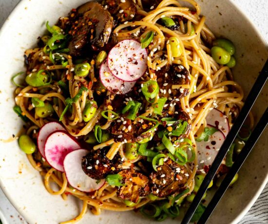 Miso Noodle Bowls with Roasted Mushrooms in a bowl with toppings.