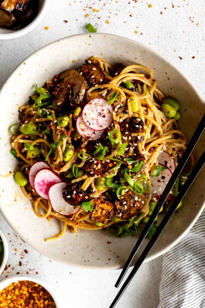 Miso Noodle Bowls with Roasted Mushrooms in a bowl with toppings.