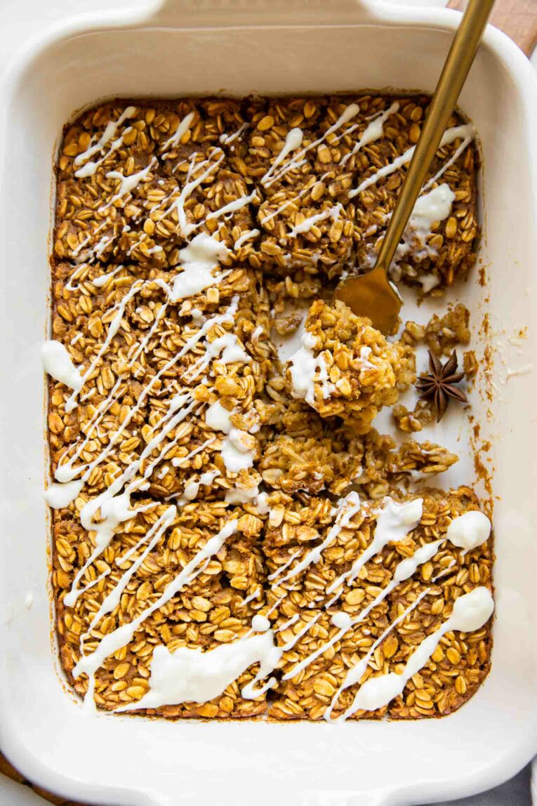 Pan with Pumpkin Baked Oats and a fork.