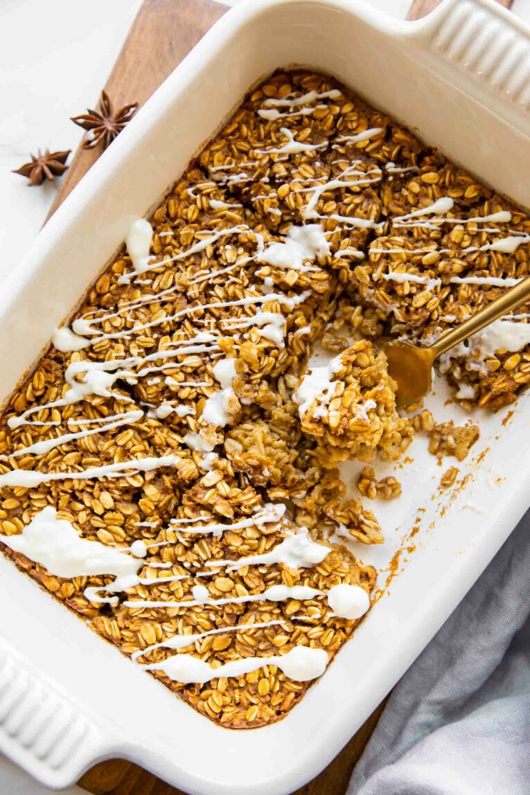 Pumpkin Baked Oatmeal recipe in a baking dish.